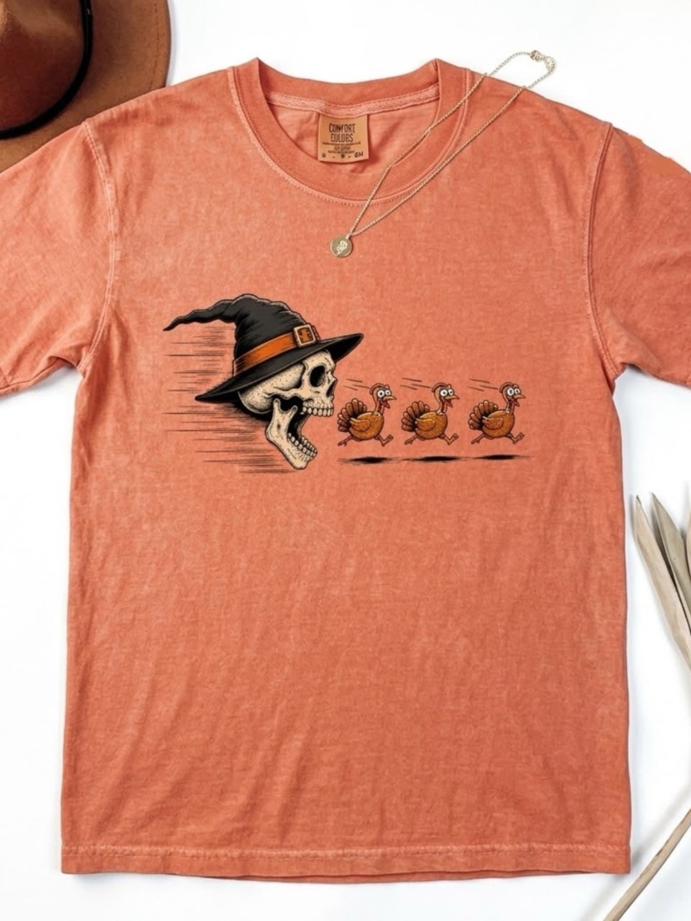 Comfort Colors Washed Orange Halloween Skull & Turkeys Graphic Tee